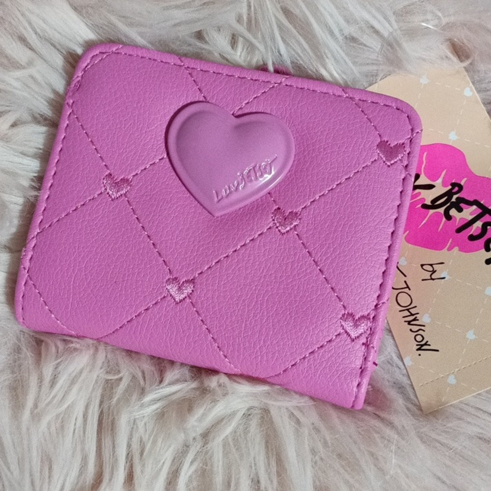 Betsey Johnson Quilted Pink Hearts Embroidered Heart Square Bi-fold Wallet